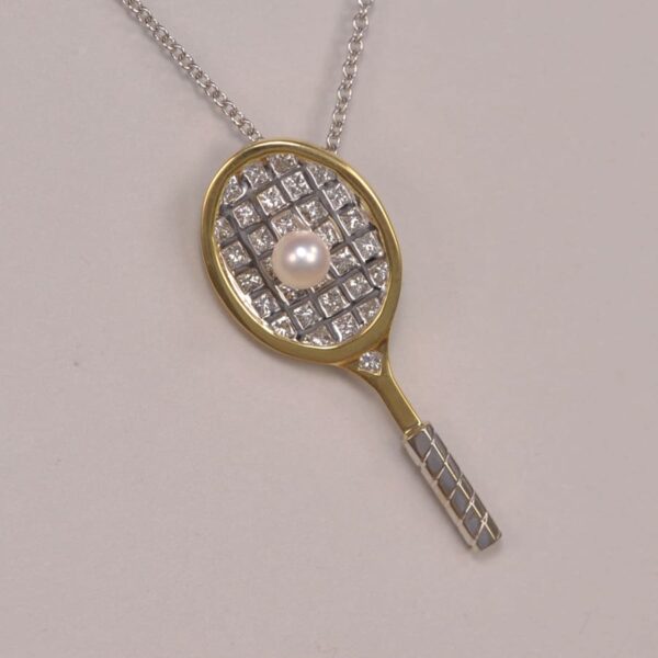 Gold an diamond tennis racket raquet pendant with pearl