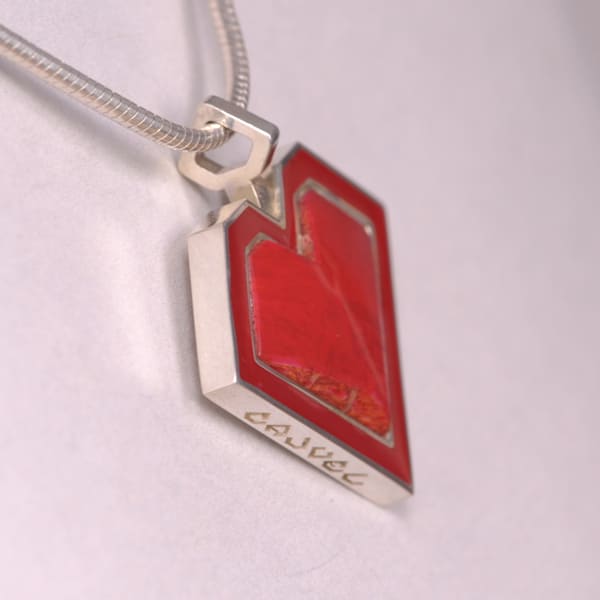 Red coral and enamel modern heart pendant and chain