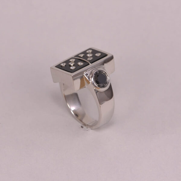 Diamond domino ring, dice ring, solid platinum and diamond ring