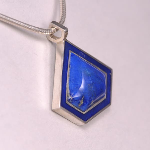 Blue lapis and enamel geometric silver pendant with chain